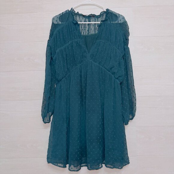 Zara Women's Green Swiss Dot Chiffon 3/4 Sleeve V Neck Empire Waist Mini Dress - Picture 1 of 6